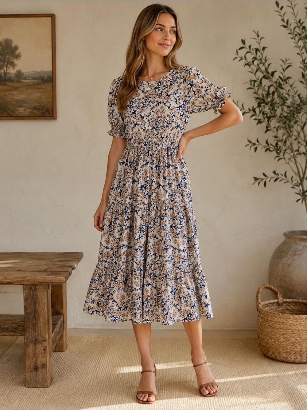 Floral Tiered Midi Dress in Beige and Blue